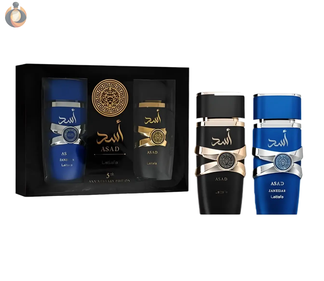 Feiern Sie mit dem Lattafa Asad 5th Anniversary Edition Geschenkset. Enthält zwei 100 ml Eau de Parfums: Asad und Asad Zanzibar. Ideal für Duftliebhaber.