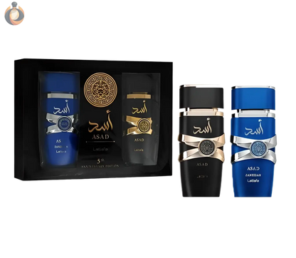 Feiern Sie mit dem Lattafa Asad 5th Anniversary Edition Geschenkset. Enthält zwei 100 ml Eau de Parfums: Asad und Asad Zanzibar. Ideal für Duftliebhaber.