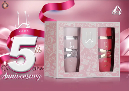 Das Lattafa Yara 5th Anniversary Edition Geschenkset enthält zwei luxuriöse 100ml Düfte: Yara & Yara Tous. Perfekt für Frauen, die süße und blumige Noten lieben.