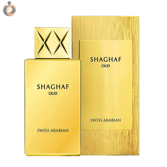 A premium 75ml bottle of Swiss Arabian Shaghaf Oud Eau de Parfum, infused with rich oud, golden saffron, and warm vanilla for an intense, captivating fragrance.